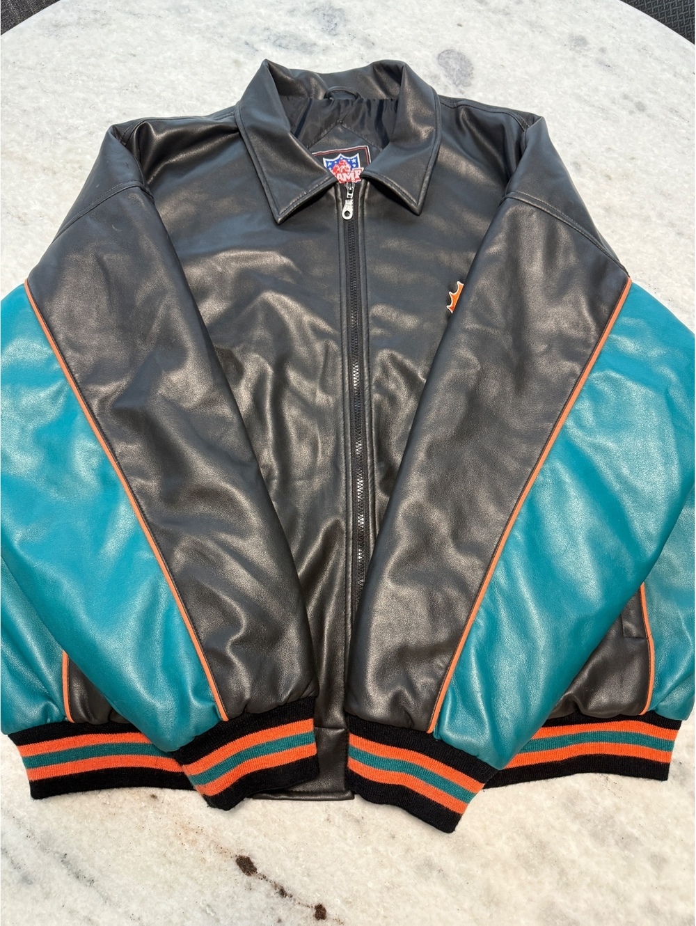Vintage Miami Dolphins Game Day NFL Jacket XL Faux Leather Black Aqua Retro Look